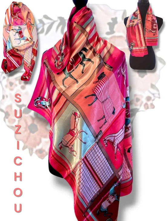 Suzhichou Silk  Equestrian Horse Print Scarf - Pink, Coral, Aqua - Picture 1 of 6